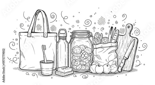 Eco friendly shopping illustration with reusable bag and glass jar