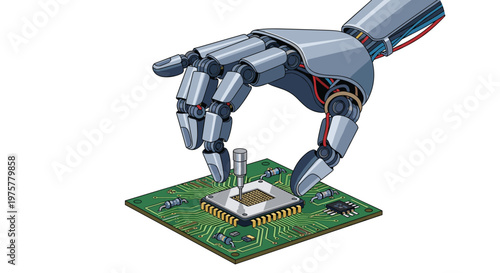 Metallic robotic hand executes delicate microchip placement on a complex green circuit board within a high-tech laboratory environment under bright light.