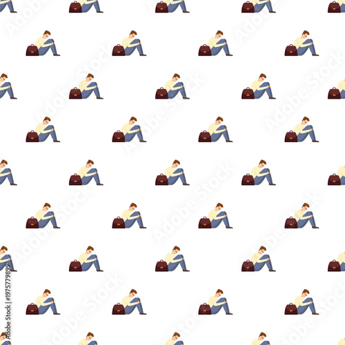 Sad man with a briefcase sitting on the ground creating a seamless pattern