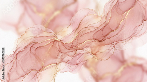 Soft pink rose gold alcohol ink marble texture with gold veins, flowing ethereal abstract watercolor background, elegant feminine design.