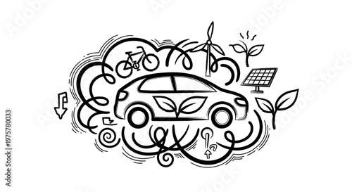 Eco friendly transportation concept with car, bike, wind turbine, solar panel and leaf