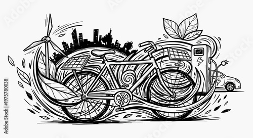 Eco friendly transportation concept with bicycle and cityscape