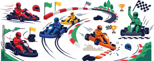 Go Kart Racing Illustration Set with Drivers on Track, Speed Competition Scenes, Motorsport Action, Victory Celebration, and Racing Circuit Elements Design