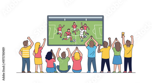 Group of passionate fans stands with arms raised in celebration while watching a competitive soccer match on a large screen in a bright minimalist setting.