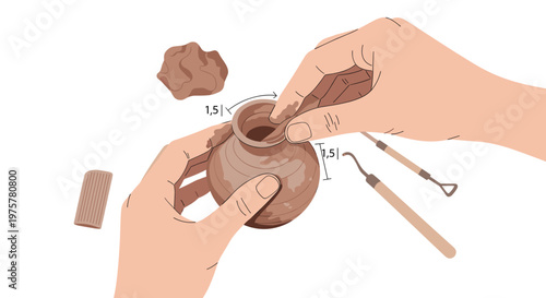 Hands using specialized metal pottery tools to carefully refine and shape the rim of a small clay pot on a wooden table in a creative workshop space.