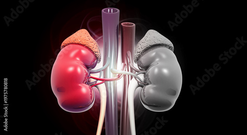 Medical 3D illustration comparing a healthy red kidney with a diseased, grey, shrunken renal organ.