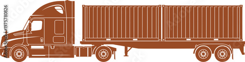 Brown semi truck with two shipping containers on transparent background.