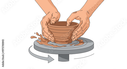Hands shaping a wide clay bowl on a spinning pottery wheel with a large arrow clearly indicating the rotational direction in a bright studio setting.