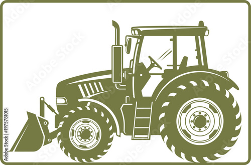 Powerful agricultural tractor with loader in front, heavy duty farm machine icon.