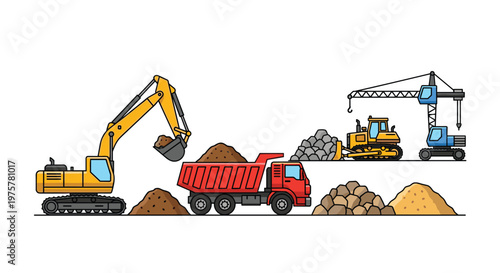 A powerful yellow excavator loads loose brown soil into a bright red dump truck while a blue crane operates nearby on a busy industrial construction site.