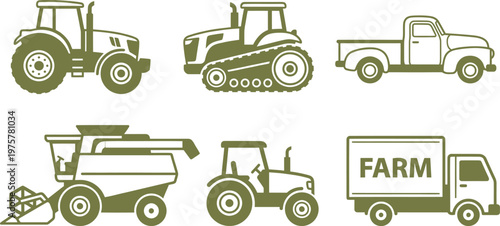 Set of various green silhouette farm vehicles icons on transparent background.