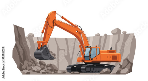 A robust orange excavator operates within a deep grey stone quarry to clear large jagged boulders from the uneven rocky ground under bright clear skies.