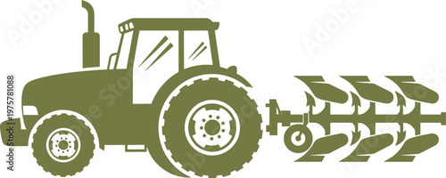 Tractor pulling plow, agricultural machine for soil cultivation, farming equipment.
