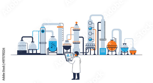 A dedicated researcher in a white coat examines complex data on a digital tablet in front of a sprawling industrial chemical plant with tall metal towers.