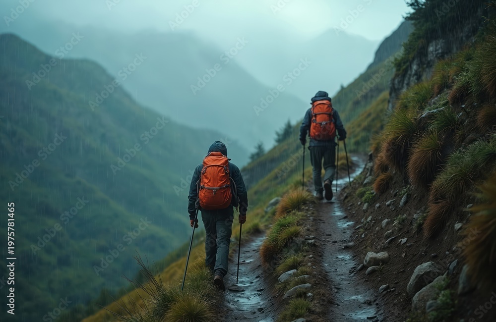 Fototapeta premium Two hikers with backpacks trek on a wet mountain trail. They use poles for balance while walking in the rain. Lush green slopes surround them. Moody weather adds drama.