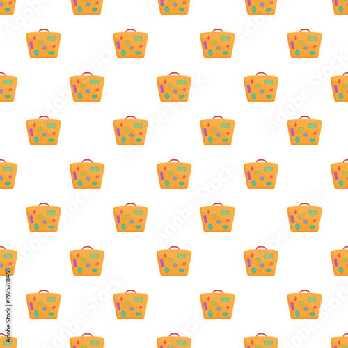 Yellow stylized luggage with colorful travel stickers forming a repeating pattern
