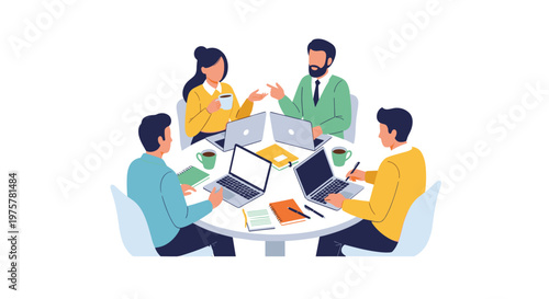 Four diverse professionals engage in a focused collaborative business meeting around a circular table with laptops and coffee cups in a modern office.