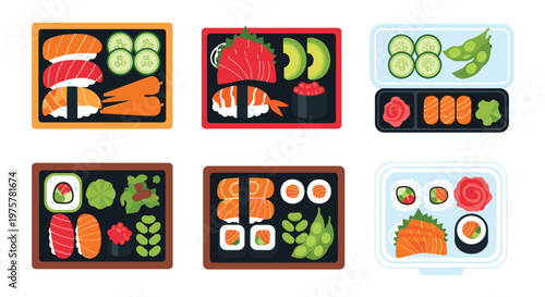 Six diverse bento boxes are displayed, featuring various sushi rolls, sashimi, cucumber slices, edamame, and pickled ginger in different organized layouts.