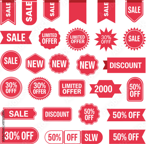 Collection of red sale and discount tags with 30% and 50% off offers for retail marketing