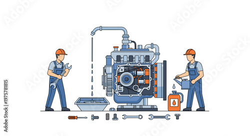 Two skilled technicians wearing orange safety helmets perform meticulous maintenance on a large engine while draining fluids and adding fresh motor oil.