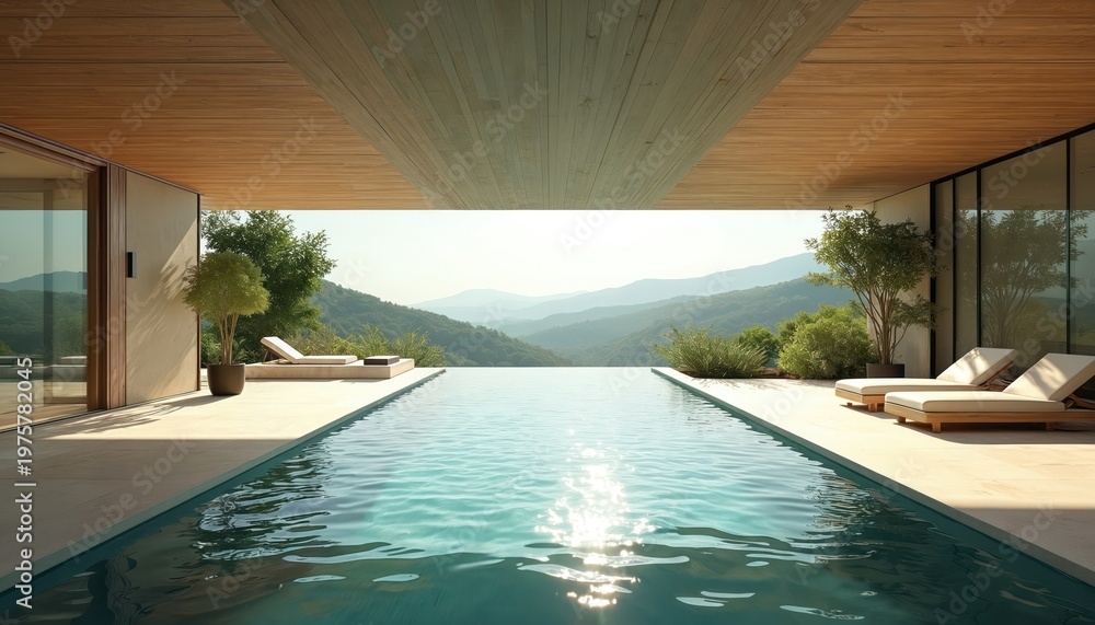 Fototapeta premium Modern luxury house with infinity pool overlooking mountains. Sunbeds by water, trees, green hills, clear sky. Peaceful serene landscape, tranquil ambiance, relaxation resort.