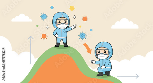 Two scientists wearing protective suits and masks conducting climate research on a colorful hilltop with snowflakes