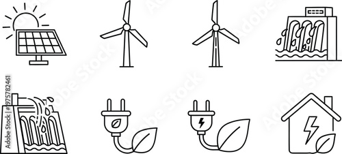 Renewable energy icon set, sustainable green power symbols in thin line style, 8 vector elements for eco friendly technology and clean electricity