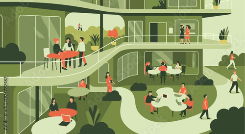 Eco-friendly office building with green courtyard and diverse employees