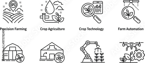 Precision farming and crop technology icons, 8 smart agriculture line vector elements, farm automation and greenhouse monitoring symbols