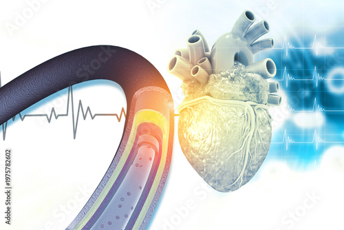 Картината върху платно 3D medical illustration of a human heart showing narrowed coronary arteries blocked by fatty plaque deposits