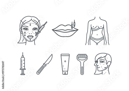 This vector shows various cosmetic surgery procedures and tools used in treatments.