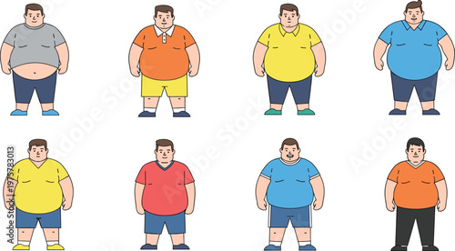 Plus Size Men Character Illustration Set with Different Body Types, Casual Clothing Styles, Diversity, Confidence, and Modern Male Lifestyle Representation Design