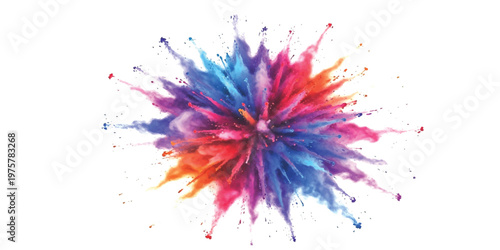A vibrant explosion of colorful powder bursts outwards against a stark white background.