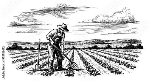 Farmer working in field with hoe