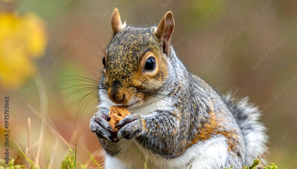 Fototapeta premium A squirrel eating a nut in a natural setting with blurred background