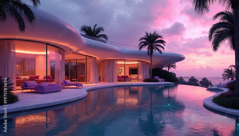 Obraz premium Modern mansion with infinity pool reflects pink sunset sky. Curved architecture, glass walls, purple lounge furniture, palm trees. Serene luxury home at tropical seaside.