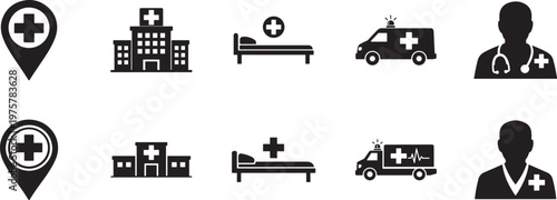 Set of hospital icons, medical symbols vector EPS for healthcare, clinic, emergency, and care.