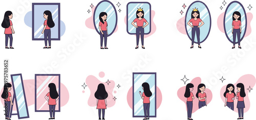 Self Confidence and Self Love Illustration Set with Woman Looking in Mirror, Positive Body Image, Inner Beauty, Personal Growth, and Mental Wellness Concepts