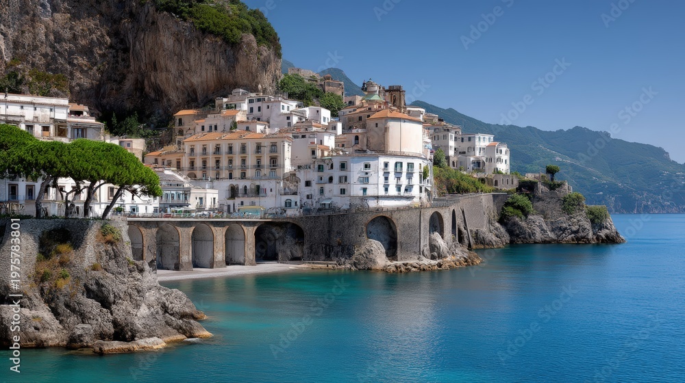 Fototapeta premium The scene shows a stone bridge leading to a cliffside town. Clear blue water and colorful buildings fill the view on a sunny day