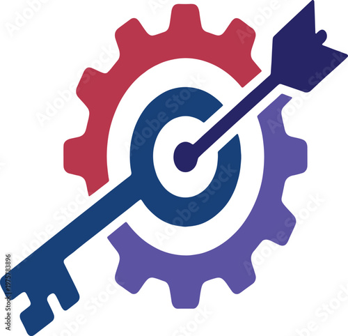 Colorful gear and key with arrow through target symbol for business and industry concepts  representing precision and strategy in mechanics and technology