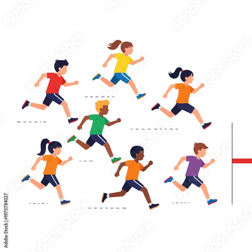 Diverse Children Running Race Towards Finish Line, Healthy Lifestyle