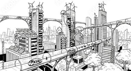 Futuristic cityscape with high-tech skyscrapers and bridges