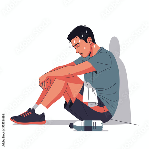 Exhausted Man Sitting After Workout, Sweating, Hydration Break