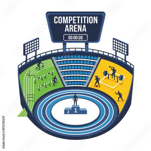 Modern Sports Arena with Athletes Competing in Track, Gym, and Podium
