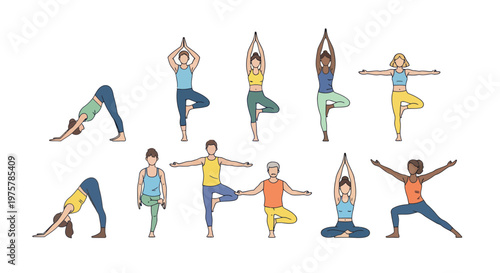 Diverse people practicing various yoga poses fitness and wellness exercise and flexibility