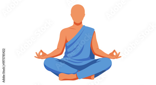 Serene monk meditates in blue robes seated in lotus position with hands in mudra on white background symbolizing mindfulness and inner peace
