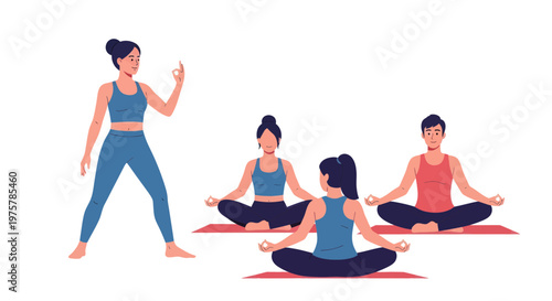 Women practicing yoga in a serene studio setting with instructor leading the class