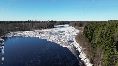Aerial view of Kiiminkijoki river in Ylikiiminki, Oulu Finland