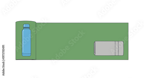 Green yoga mat with blue water bottle and gray laptop on white background for fitness and wellness