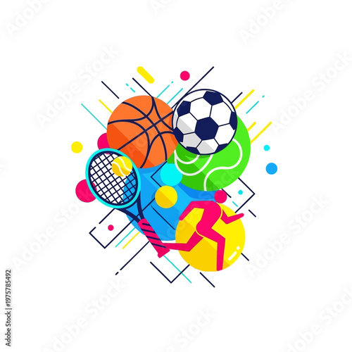 Sports Balls and Racquet Collage with Abstract Shapes